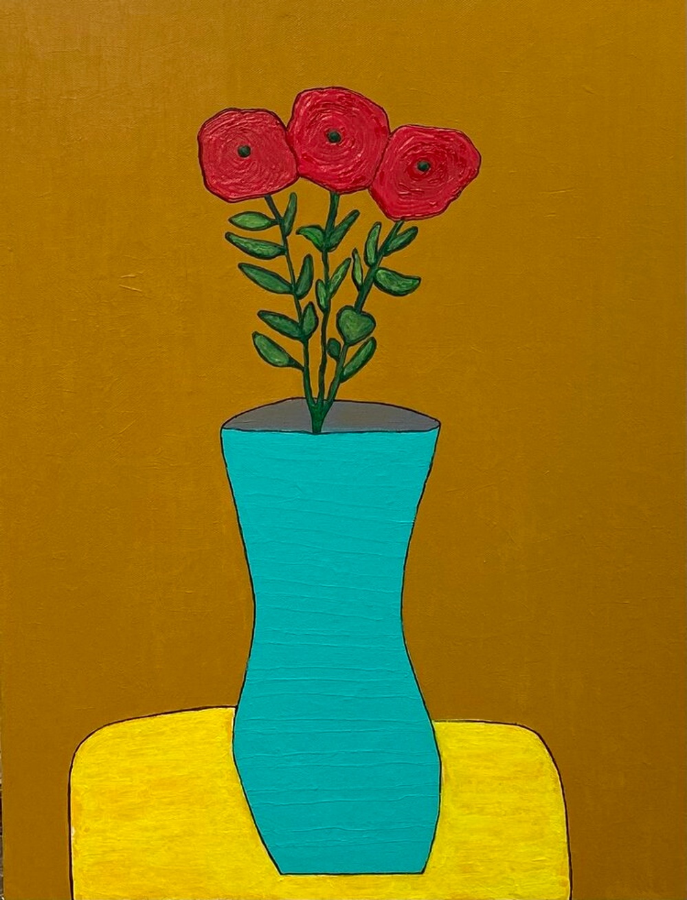 Red Flowers with Teal Vase