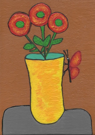 Red Flowers with Yellow Vase and Butterfly